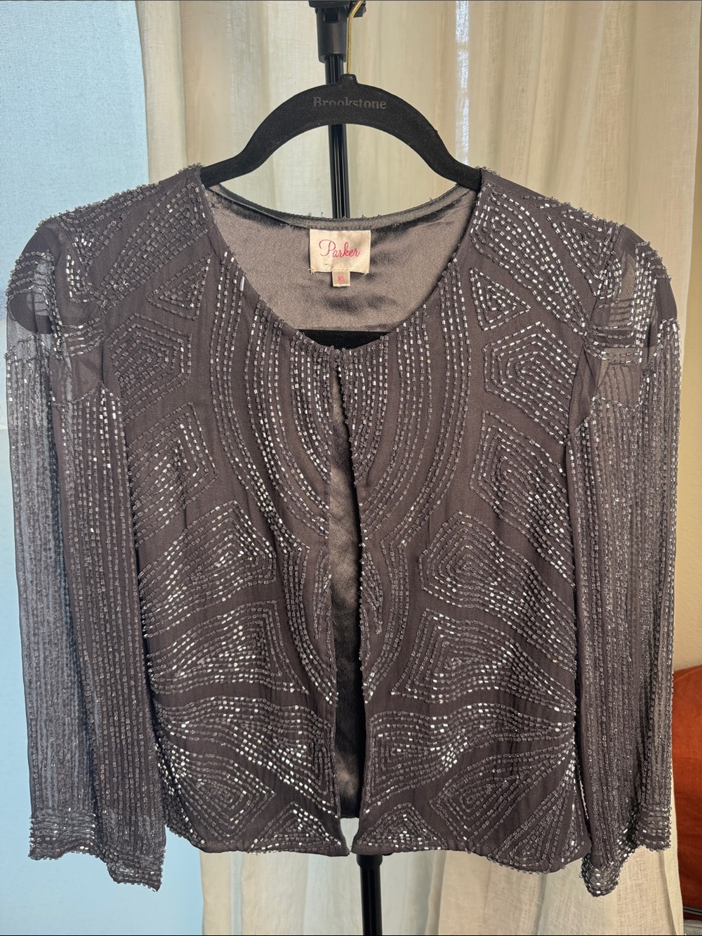 Parker Beaded Open-Front Jacket — Charcoal